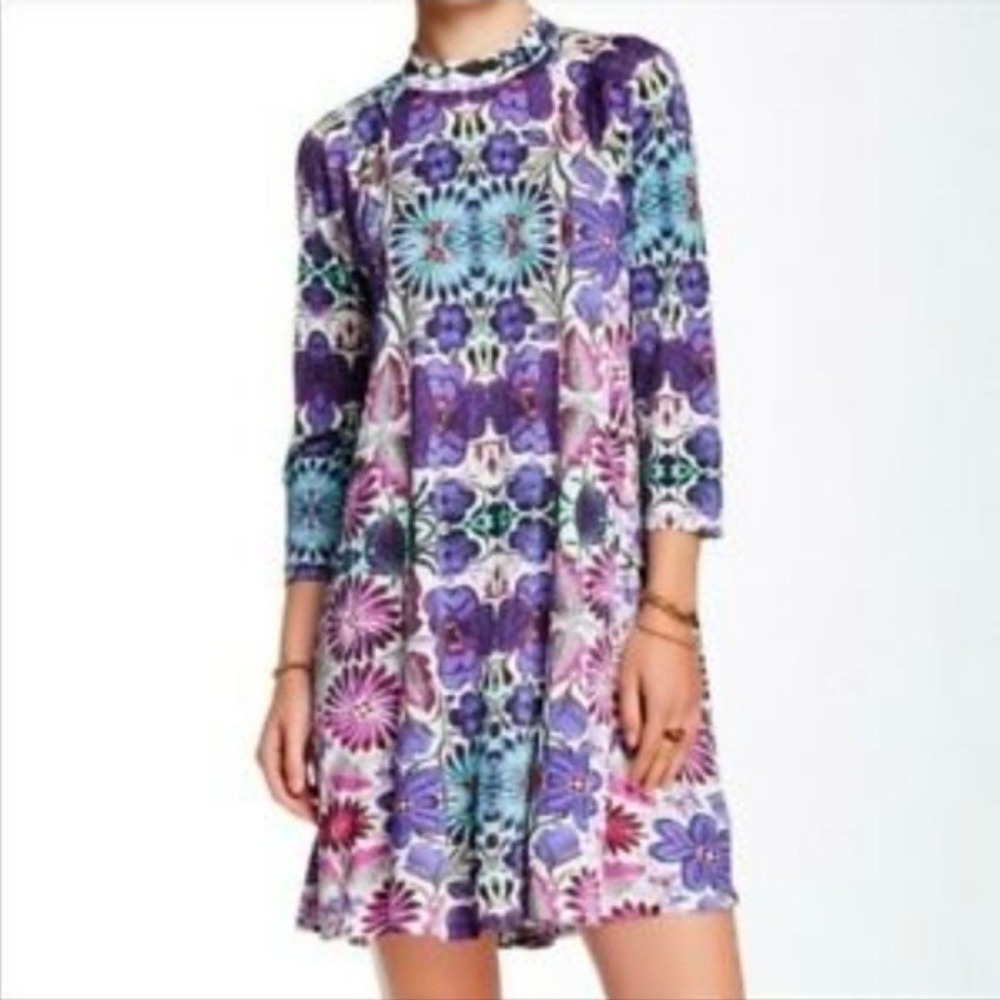 Free People‎ Floral Midi Dress Womens S Purple Kaleidoscopic Boho Keyhole Back